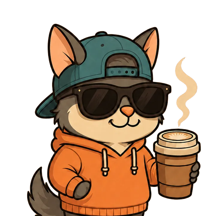Cato, a cat in a hoodie and cap holding a coffee