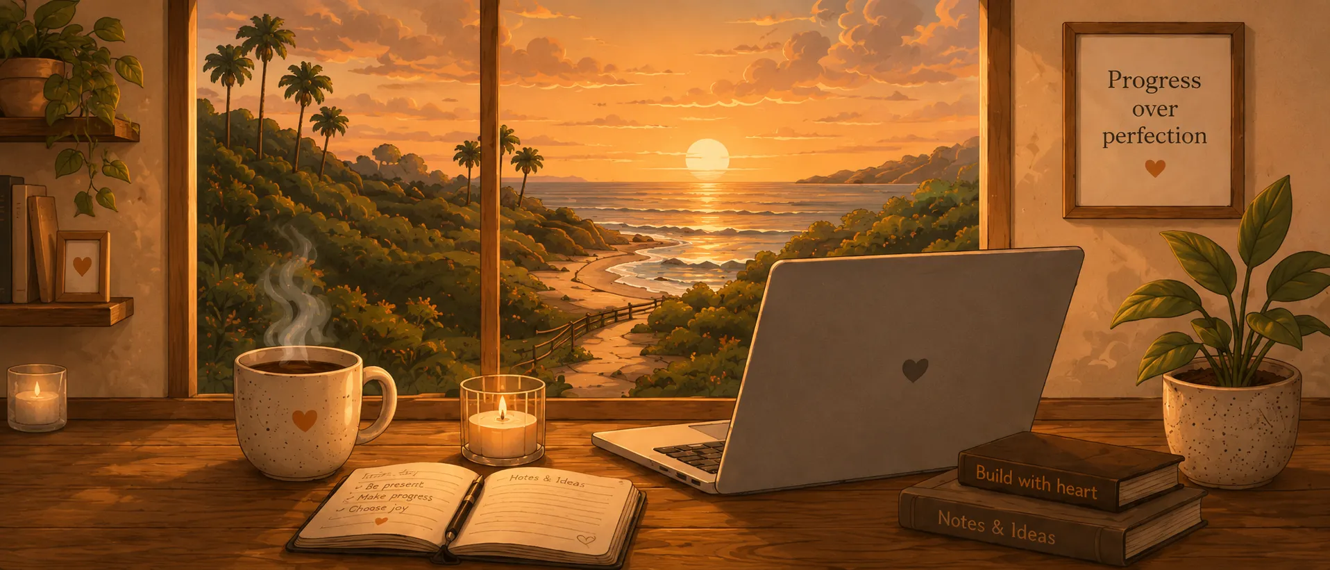 A cozy desk by a window overlooking a sunset coastline, with coffee, a notebook, and a laptop